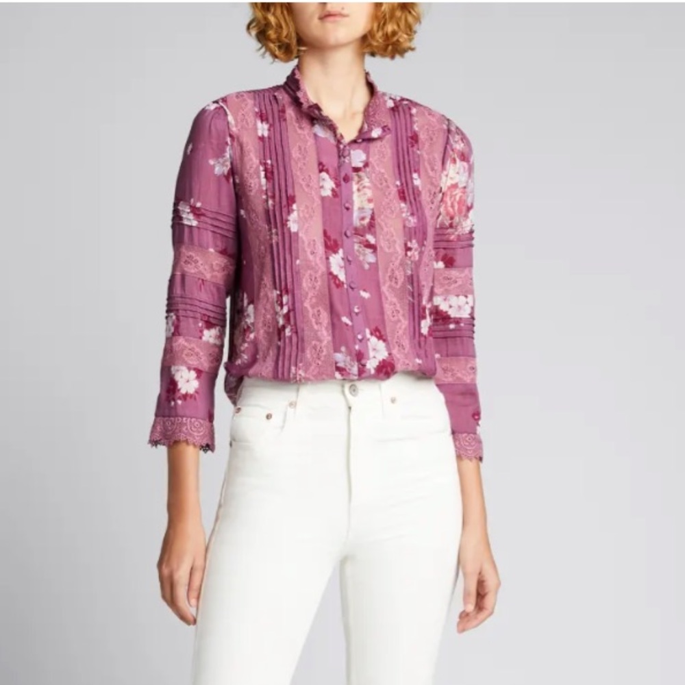 LoveShackFancy Floral Lace Top Purple Button Front Boho Romantic XS